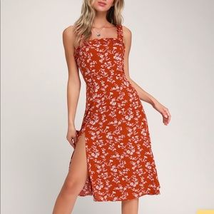 Lulus Red Orange Floral Print Ruffle Midi Dress
